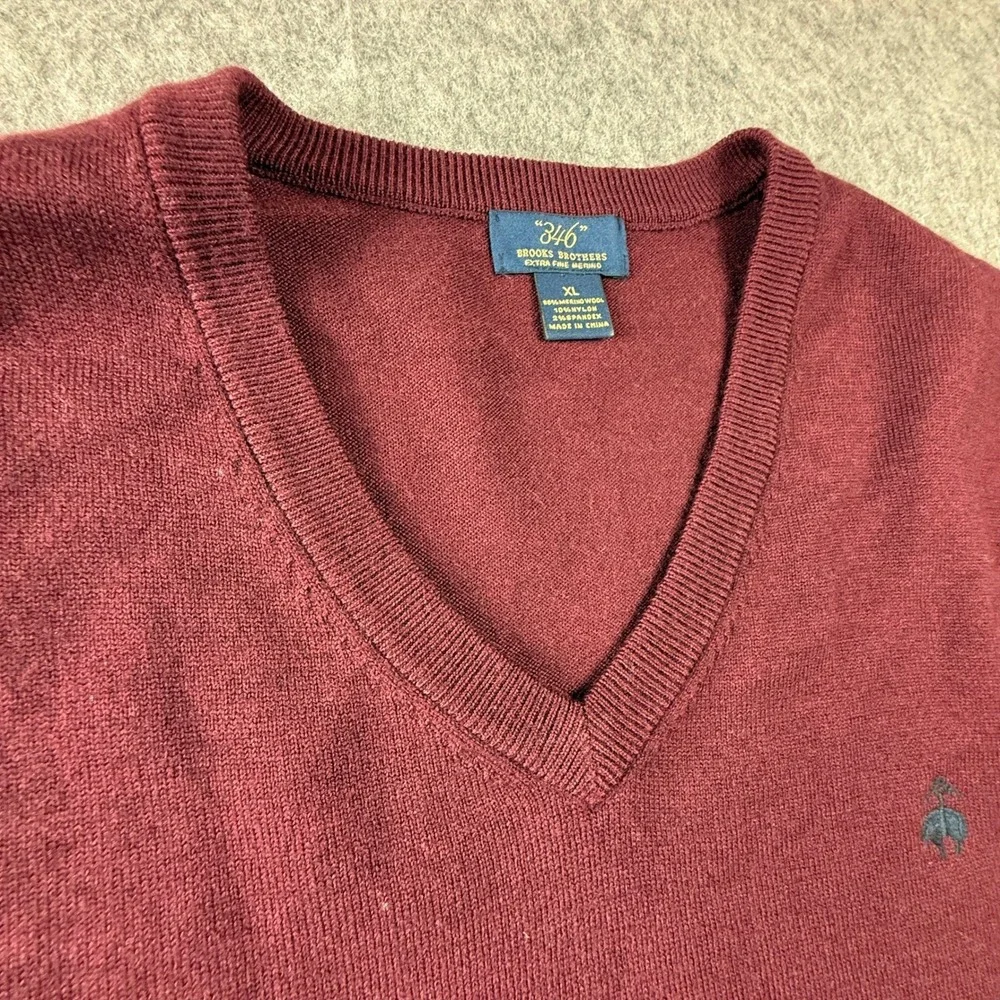 Brooks Brothers 346 Red‎ Extra Fine Merino Wool V Neck Sweater Mens XL burgundy